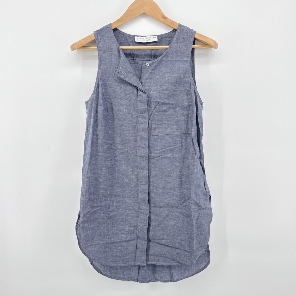 INTERMIX Derek Lam 10 Crosby Large Blue Sleeveless Top Shirt Cotton Linen Casual